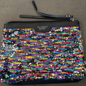 Victoria's Secret Multicolor Sequin & Black Zipper Cosmetic Bag NICE!!